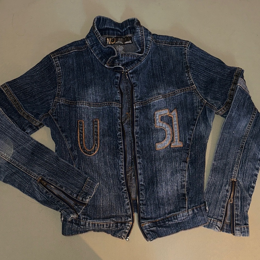 Denim motto Jacket with Embroidered Details